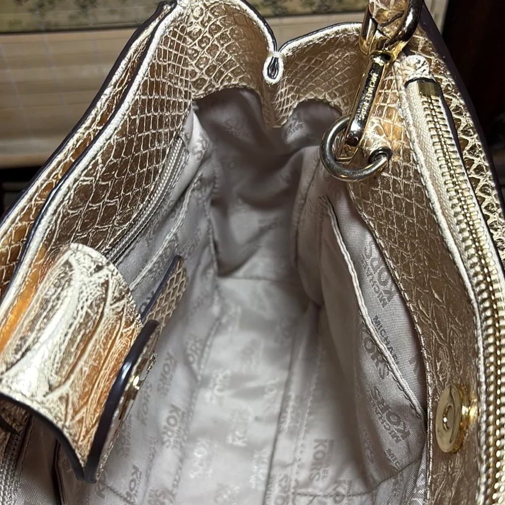 MICHAEL Michael Kors Metallic Gold Snakeskin Satchel w Dust Bag, Gold Tone Charm